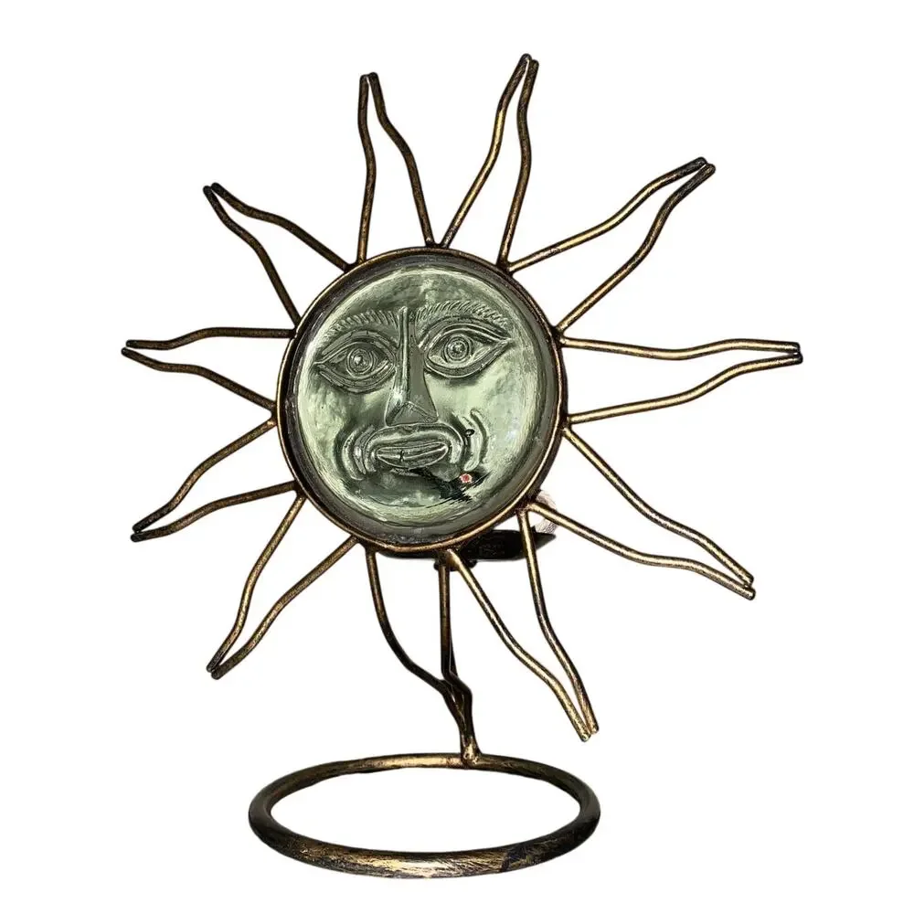 Large Vintage Celestial Face Sun God Metal Glass Candle Holder Votive Witchy 90s